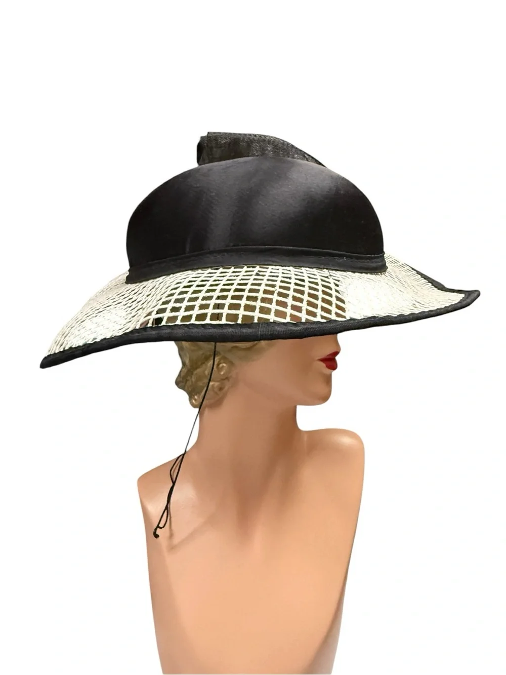 Vintage 1950s Handmade Black Cream Wide-Brim Ladies Hat Floral Accent